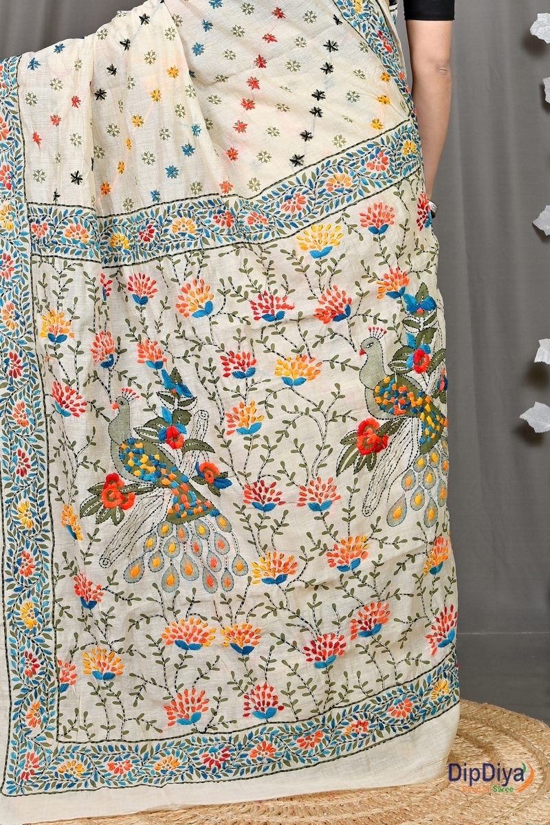 White Cotton Varitikath Kantha Stitch Saree (599)